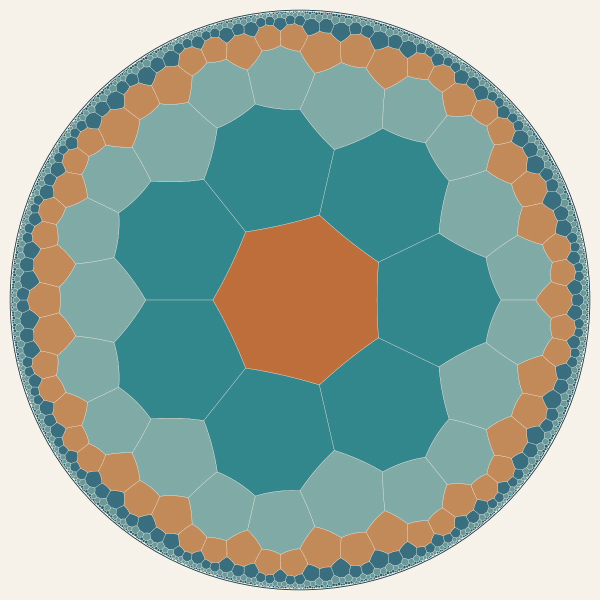 Regular heptagons receding toward the rim of a hyperbolic disk